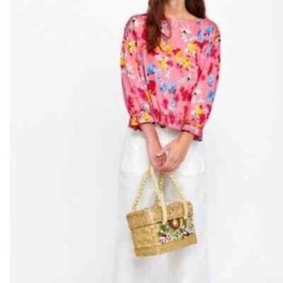 Zara Pink Floral Print Blouse with Elastic Cuffs Size Small - Picture 1 of 14